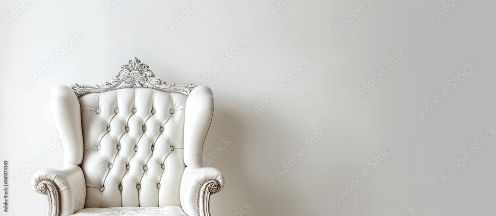 Poster ancient white leather armchair whit white wall background. with copy space image. place for adding t