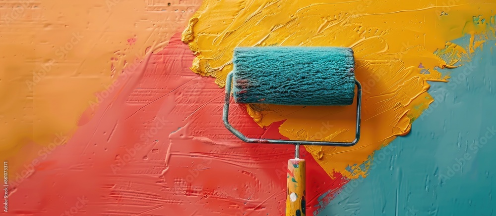 Poster tools for coloring, paint roller, brush, aluminium leader. wall partly collored. copy space image. p
