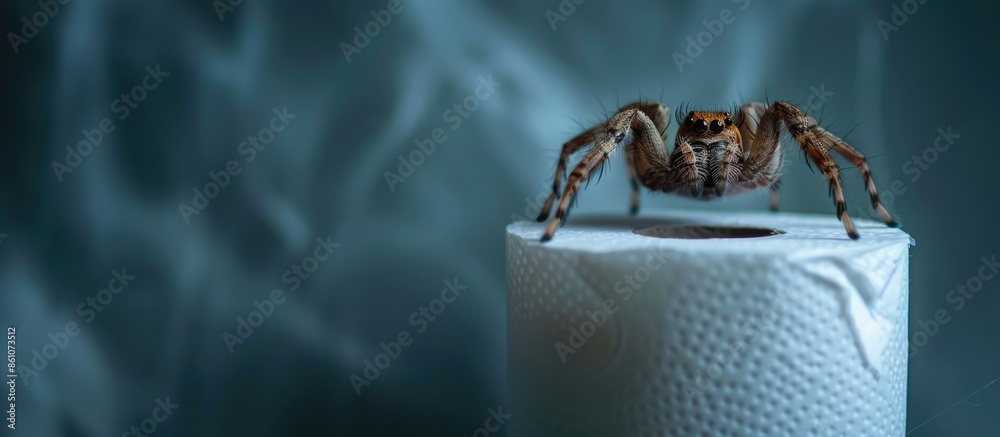 Poster spider sitting on a roll of toilet paper, night. with copy space image. Place for adding text or design