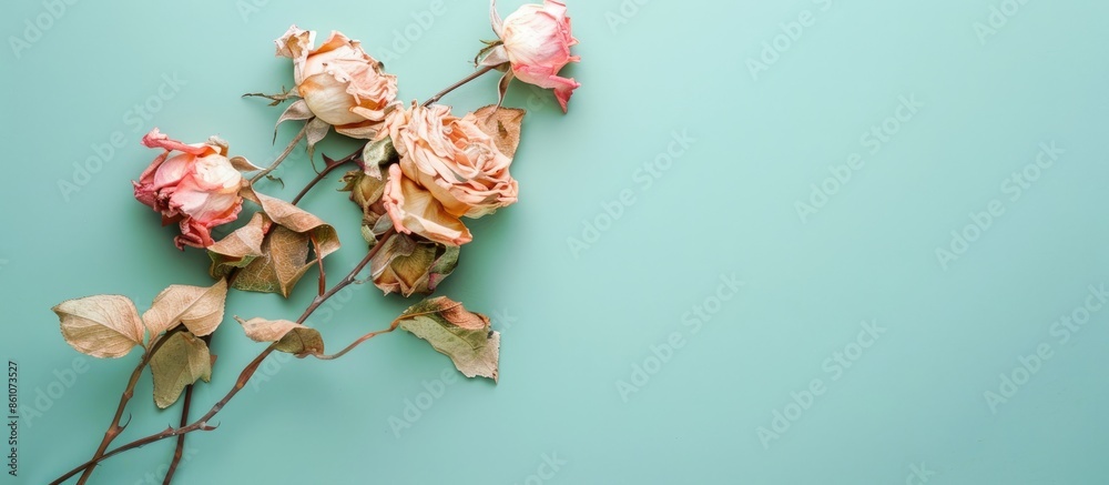 Poster dried rose on pastel background flower wedding isolated. with copy space image. place for adding tex