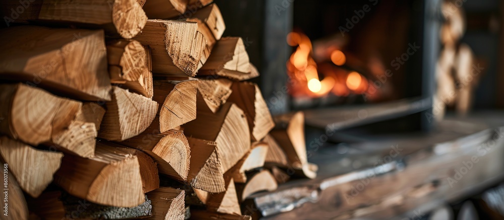 Poster Close up shot of burning firewood in the fireplace. with copy space image. Place for adding text or design