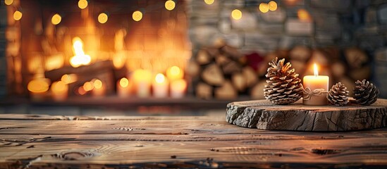 Wooden table of free space for your decoration and fireplace in home interior . with copy space image. Place for adding text or design