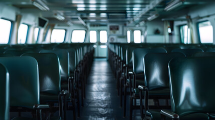 Fototapeta premium Empty rows of chairs on a ferry : Generative AI