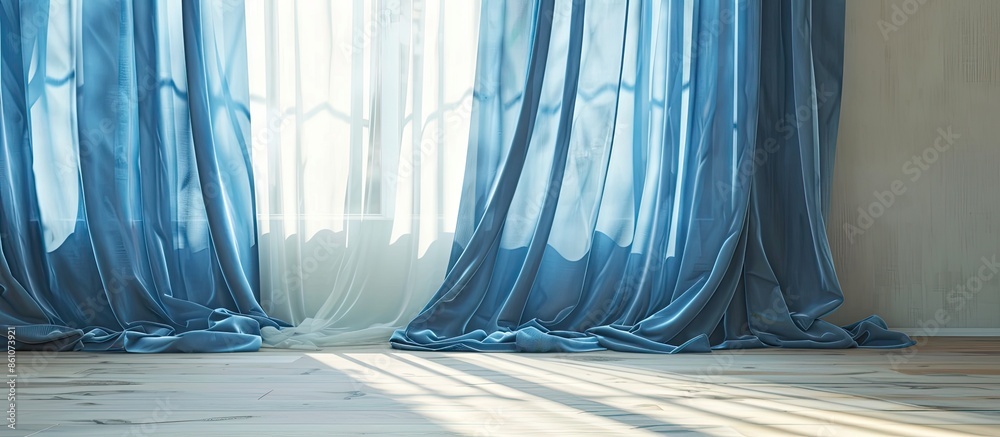 Poster blue curtains on the wall . with copy space image. place for adding text or design