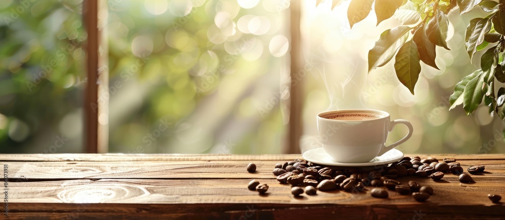 Aufkleber coffee cup or coffee maker on the table , beautiful cafe . with copy space image. Place for adding text or design