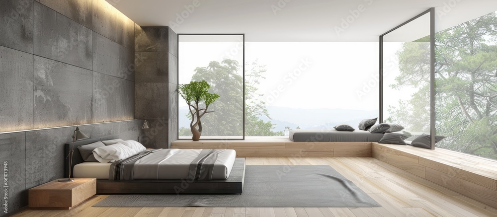 Poster interior design: big modern bedroom. copy space image. place for adding text or design