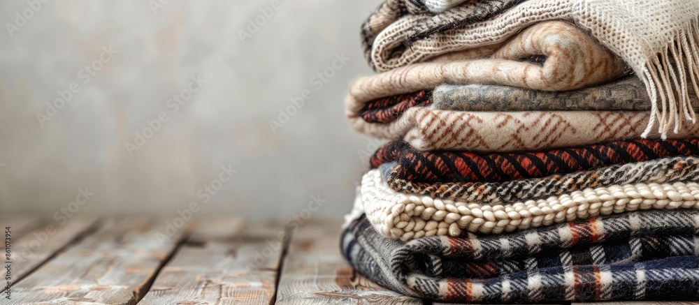 Poster Stack of woolen checked blankets, autumn and winter concept, banner size. with copy space image. Place for adding text or design