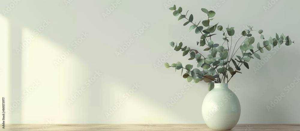 Aufkleber vase with fresh eucalyptus branches on table in room. interior design. with copy space image. place 