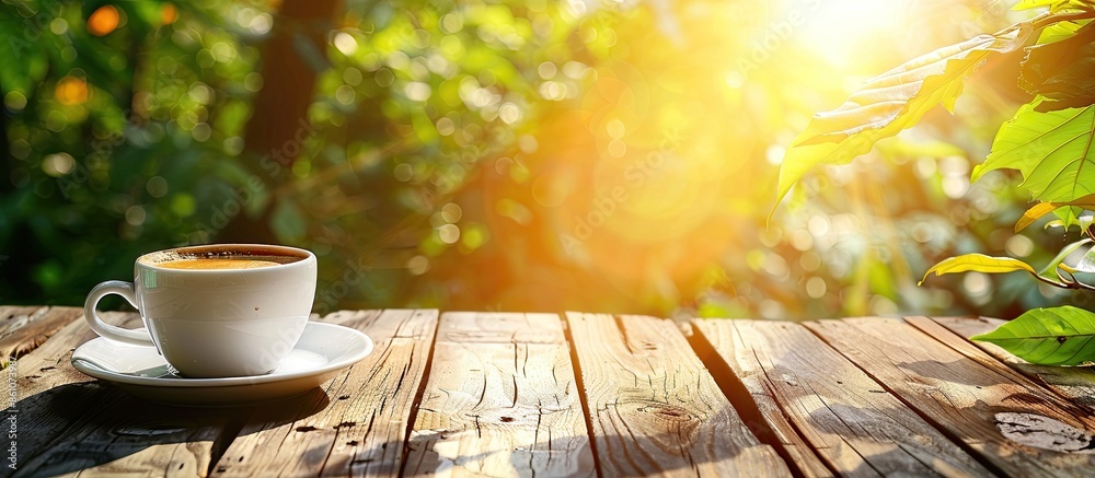 Aufkleber Coffee on a wooden table in the glow of the morning sun. with copy space image. Place for adding text or design