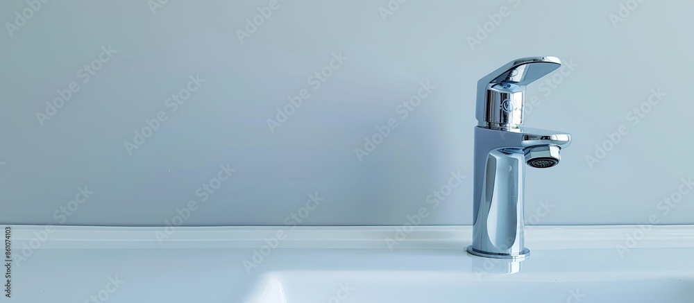 Poster Modern faucet close up on white background. with copy space image. Place for adding text or design