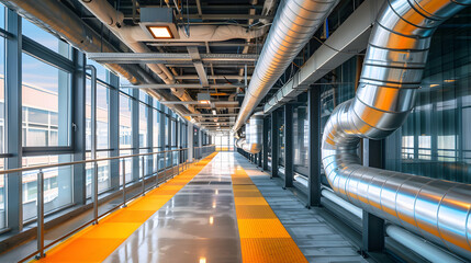 Obraz premium Installation of HVAC system in industrial building showing pipes and equipment for heating cooling and air circulation. Concept HVAC Installation, Industrial Building, Pipes and Equipm