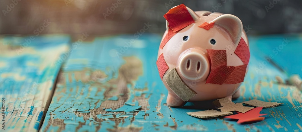 Poster piggy bank with plasters concept for financial crisis or economic depression. copy space image. plac