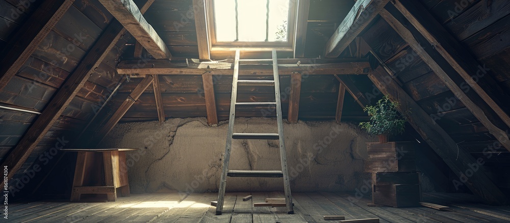 Poster A wooden ladder in the attic in a rustic interior. with copy space image. Place for adding text or design