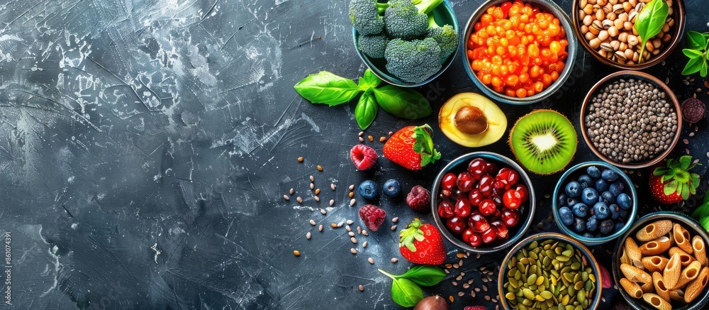 Leinwandbilder bowls with tasty and nutritious food, top view. copy space image. place for adding text or design