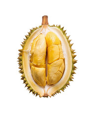 Close-up of ripe durian fruit, showcasing its creamy yellow flesh and spiky outer shell, isolated on white background.