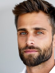 Fototapeta premium Close-up of a Man with Striking Blue Eyes, Dark Hair, and Groomed Mustache