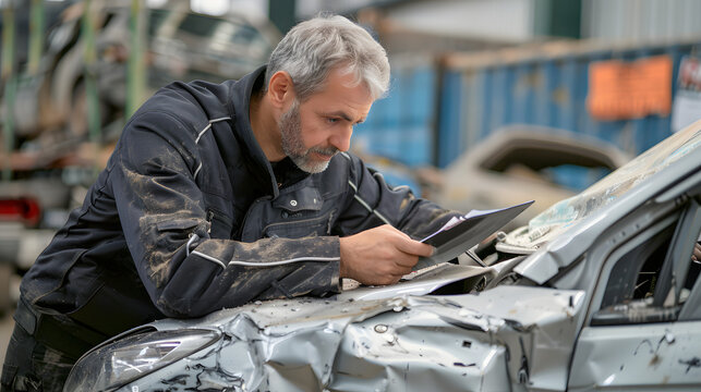 Insurance agent assesses car damage postaccident for claims review and documentation. Concept Car damage assessment, Insurance claim review, Documentation collection, Post-accident eva