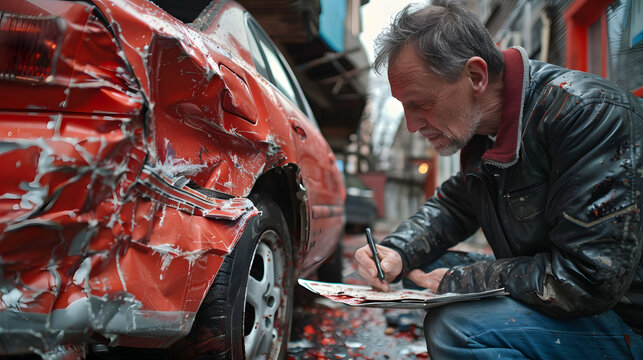 Insurance agent assesses car damage postaccident for claims review and documentation. Concept Car damage assessment, Insurance claim review, Documentation collection, Post-accident eva