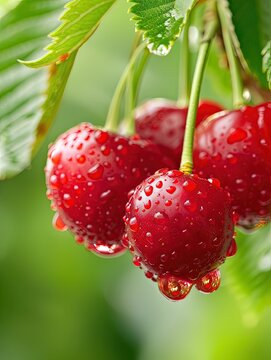 Three Vibrant Red Cherries Hanging from Tree Branch