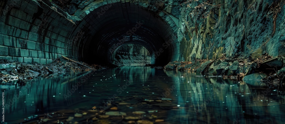 Poster Dark flooded abandoned mine tunnel. with copy space image. Place for adding text or design