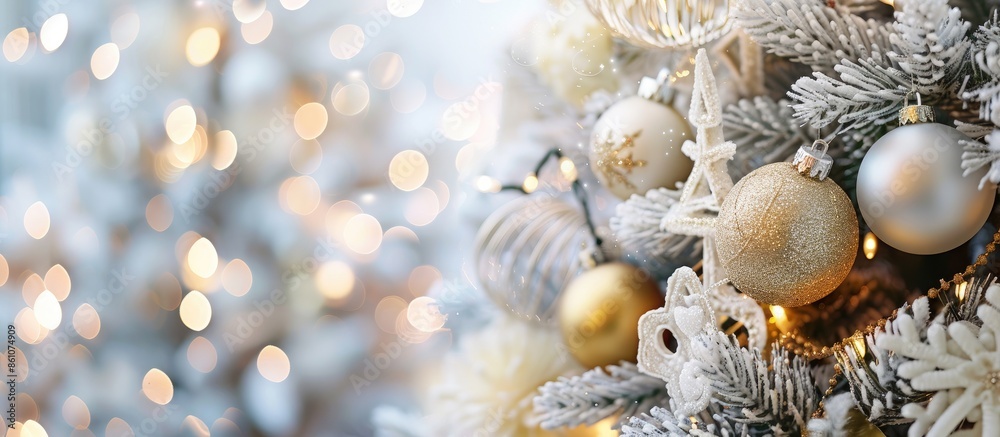 Poster Christmas tree decorated with white and gold toys close up. with copy space image. Place for adding text or design