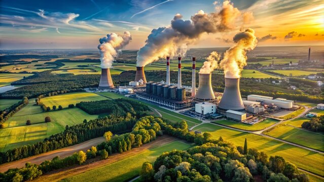 Majestic industrial landscape of Belchatow Coal-fired CHP plant in central Poland, showcasing towering smokestacks, vast cooling towers, and sprawling infrastructure amidst rural surroundings.