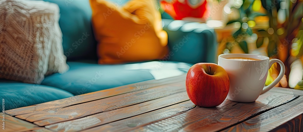 Poster Mug of coffee and apple on wooden table with colorful couch in the house. with copy space image. Place for adding text or design