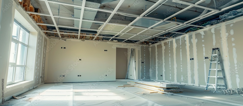 Poster Air condition and hvac system installation under bareskin ceiling before interior finishing. with copy space image. Place for adding text or design