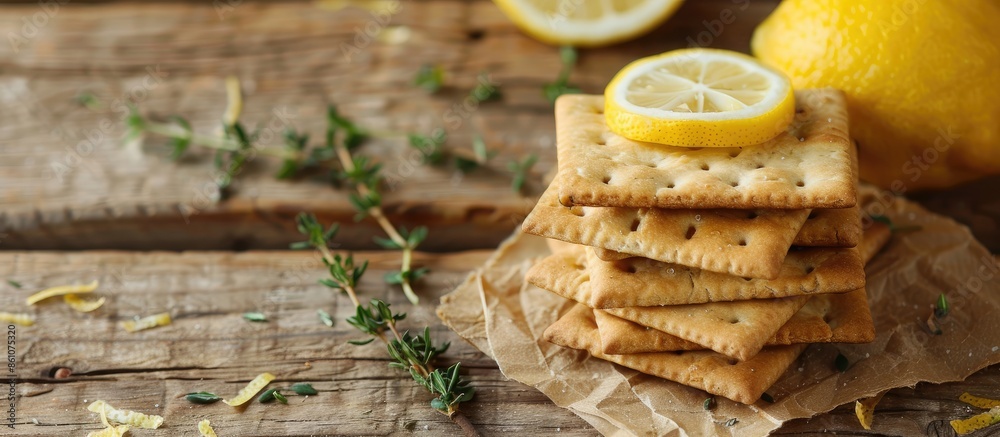 Aufkleber thyme and lemon crackers with a wooden table background pastel background. with copy space image. pl