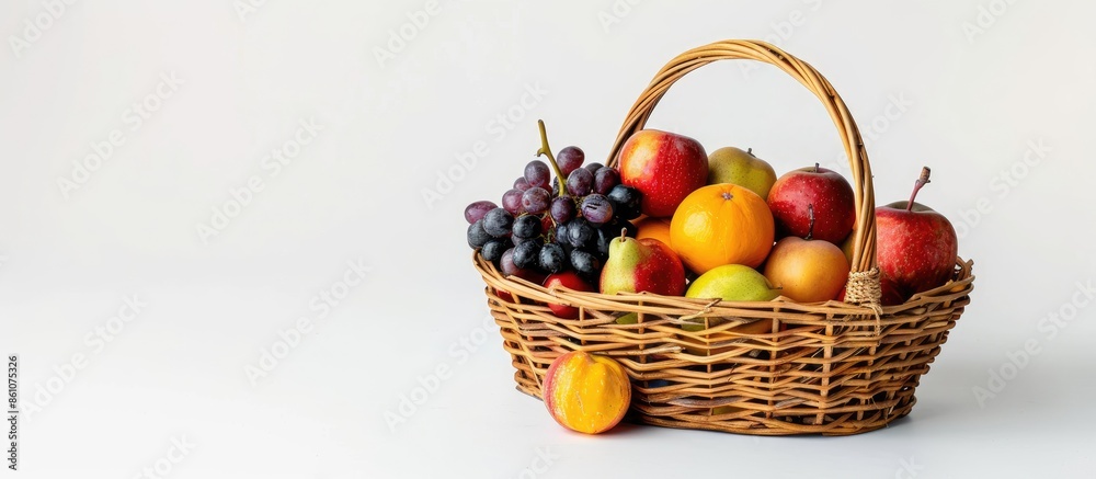 Poster wicker basket with different fruits on white background. copy space image. place for adding text or 