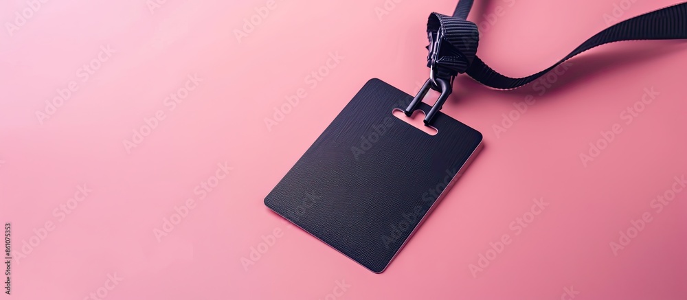 Poster black badge id card with black neck lanyard isolated on pastel background. with copy space image. pl