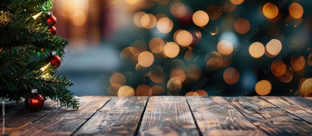 Aufkleber christmas tree with top wood table and blur background before christmas day. with copy space image. 