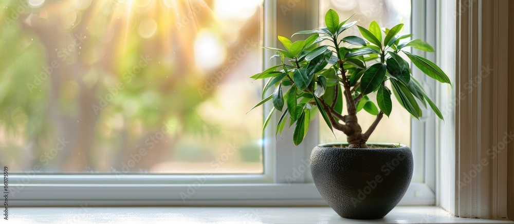 Fototapete money tree flower in a pot on the windowsill. with copy space image. place for adding text or design