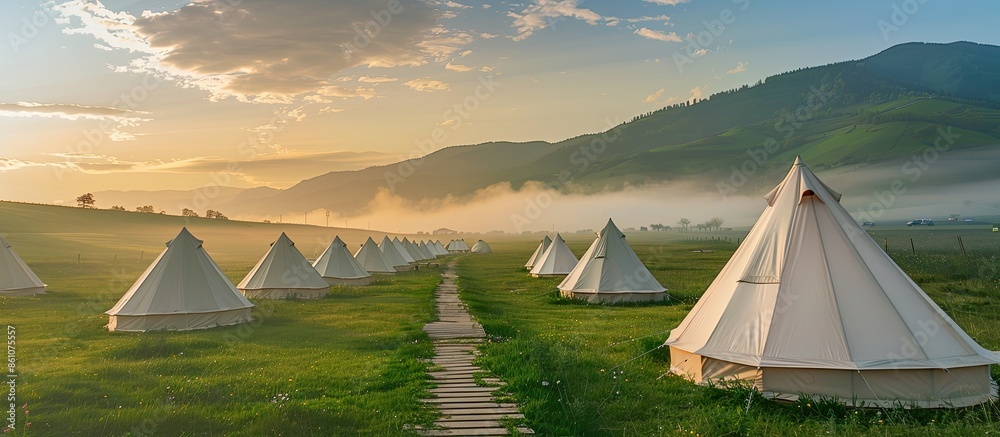 Poster Beautiful view of canvas glamping bell tents in a green field with walkway at mountains in beautiful sky with cloud before sunrise. Copy space image. Place for adding text or design