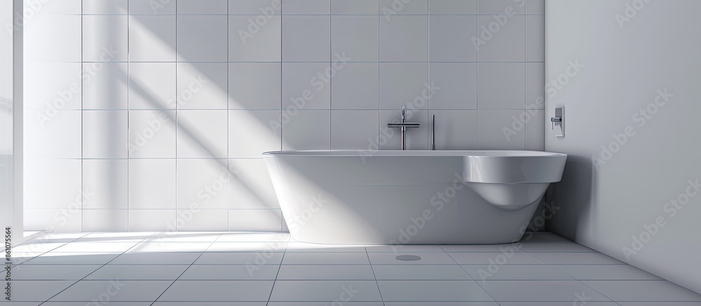 Poster a bathroom with white tile flooring and wall mounted shower mixers in the corner of the bathtub is n