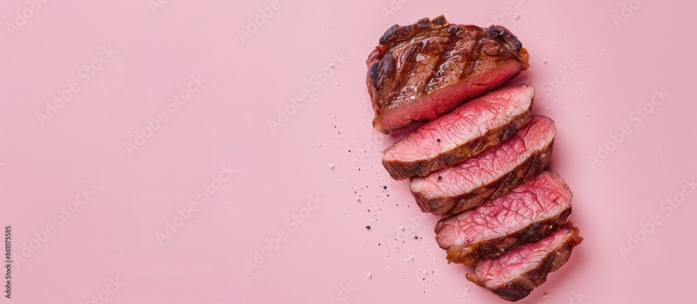 Aufkleber sliced rib eye steak on pastel background food isolated. with copy space image. place for adding tex