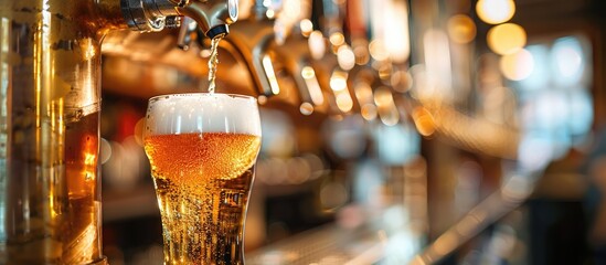 beer pouring into glass in a bar. Copy space image. Place for adding text or design