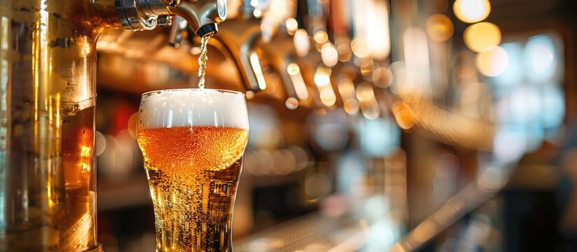 beer pouring into glass in a bar. Copy space image. Place for adding text or design