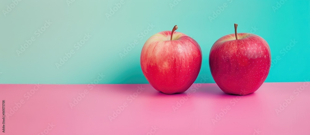 Leinwandbilder red apple isolated on colorful background. two organic healthy apples. pastel background. with copy 