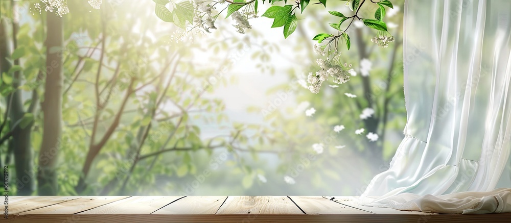 Fototapete Window background with empty table and free space for your decoration.Clothes on top and spring time. . with copy space image. Place for adding text or design