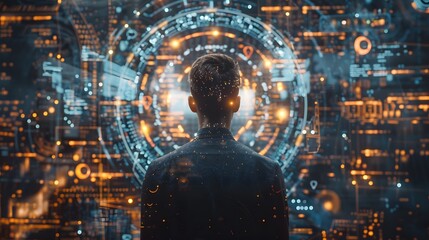 Businessman presenting futuristic business world metaverse graphic. In the form of innovation in digital business processing technology, innovation of the 21st century	