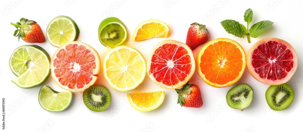 Poster collection of fruit slices isolated on white background. fresh food. copy space image. place for add