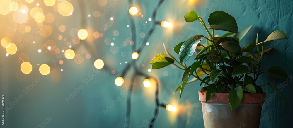 Poster Potted plant under the string lights on a wall. with copy space image. Place for adding text or design
