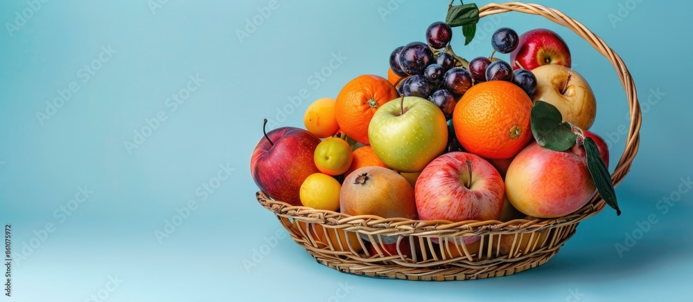 Poster still life of fruit in basket isolated on pastel background. with copy space image. place for adding