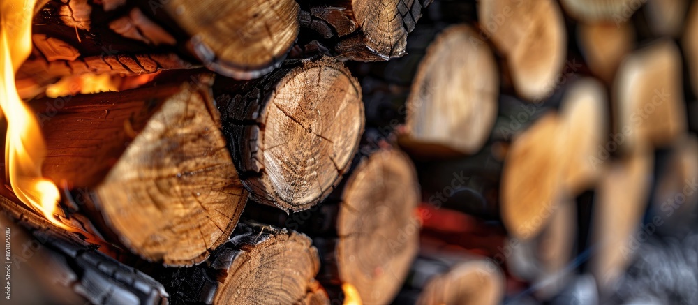 Poster Close up shot of burning firewood in the fireplace. with copy space image. Place for adding text or design
