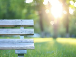 White Wooden Bench Set in a Lush Green Lawn with Dazzling Sunlight