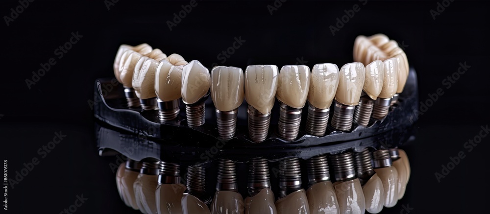 Poster full arch fixed dental prostheses on dental implant with black background. copy space image. place f