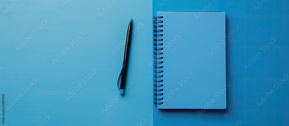 Poster notepad on the table, blue notebook. with copy space image. Place for adding text or design