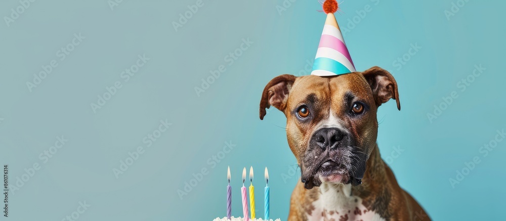 Aufkleber Funny dog with birthday cake and hat. Copy space image. Place for adding text or design