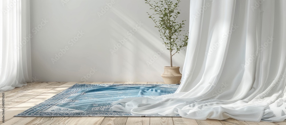 Poster white linen curtains and blue blanket above rug on wooden floor. with copy space image. place for ad